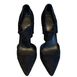 Tory Burch Saray Black Suede Leather Pointed Toe Strapped Wedges Size 7